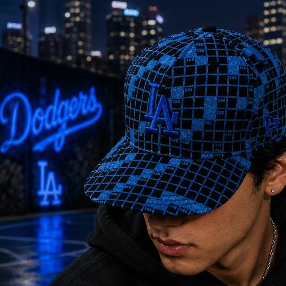 New Era 59FIFTY Los Angeles Dodgers Hat 7 1/8 Blue Black Grid Flocked MLB Cap